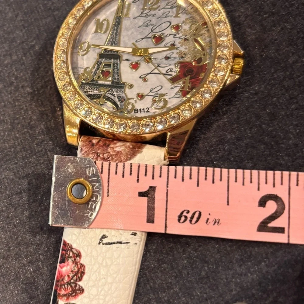 Paris Eiffel Tower Watch Gold Tone Crystal Romantic Rose Print French l Quartz